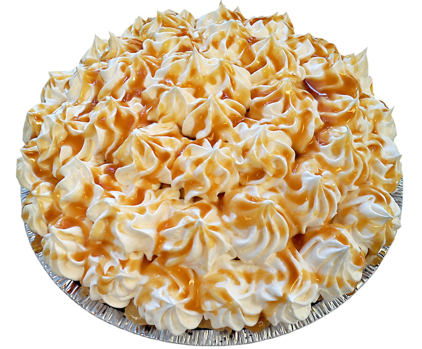 Custom ice cream pie finished with whipped cream and caramel